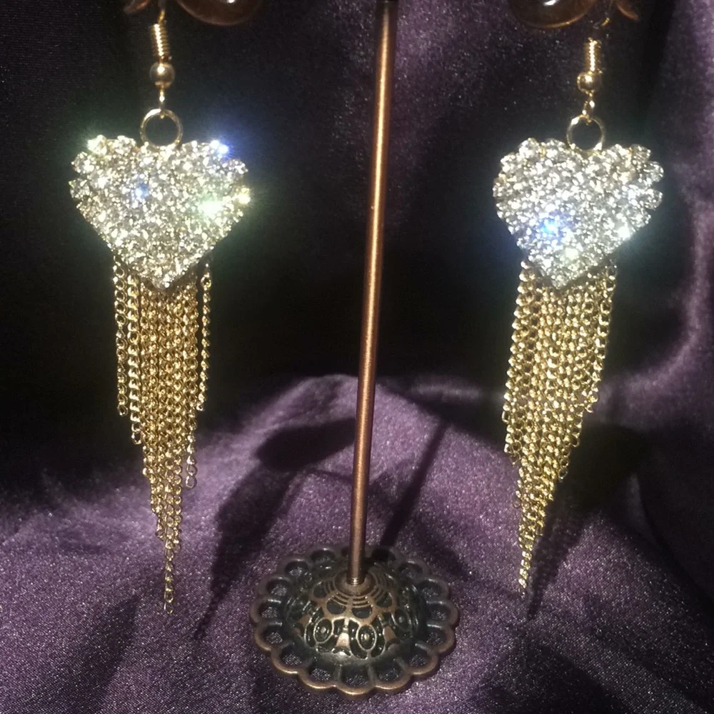 Gold Heart Rhinestone Hollywood Glamour Earrings